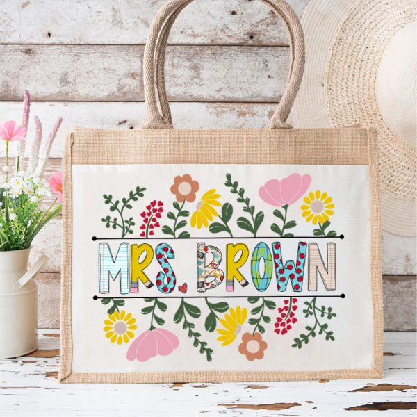 Personalized A Cluster Of Blooming Flowers Teacher Jute Lunch Bag