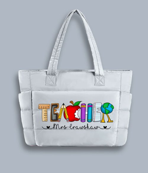 Personalized Name Cartoon Stationery Pencil Teacher Puffy Tote Bag