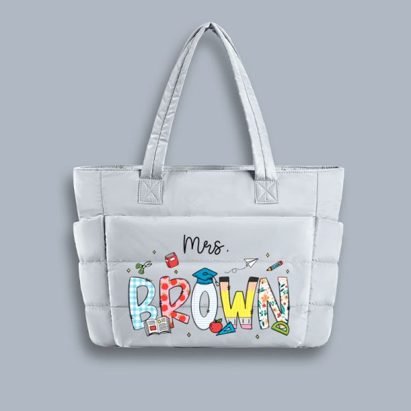 Personalized Name Cartoon Stationery Teacher Puffy Tote Bag