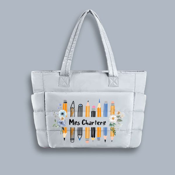 Personalized Name Colored Pencil Flowers Teacher Puffy Tote Bag