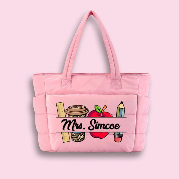 Personalized Pink Rainbow It Takes A Big Heart To Shape Little Minds Teacher Puffy Tote Bag