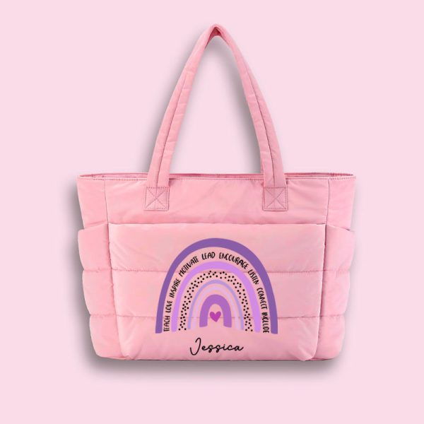 Personalized Purple Rainbow Teacher Puffy Tote Bag