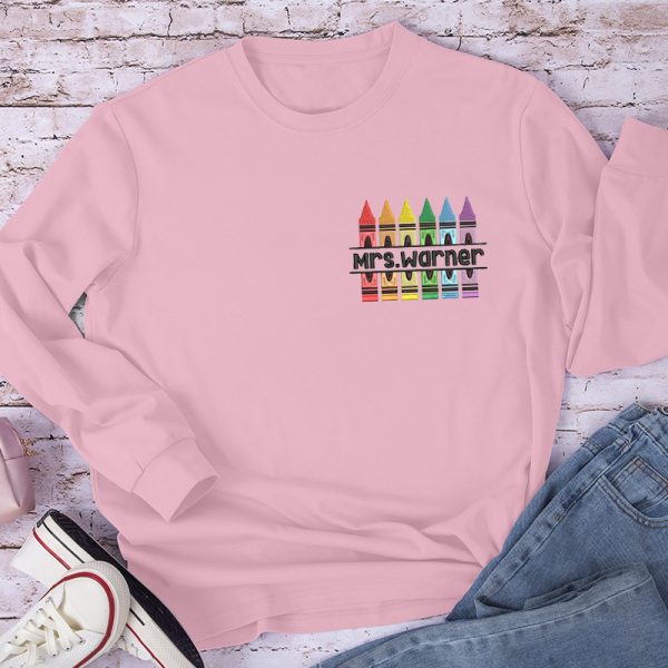 Personalized Colorful Caryons Teacher Embroidery Long Sleeve T-Shirt