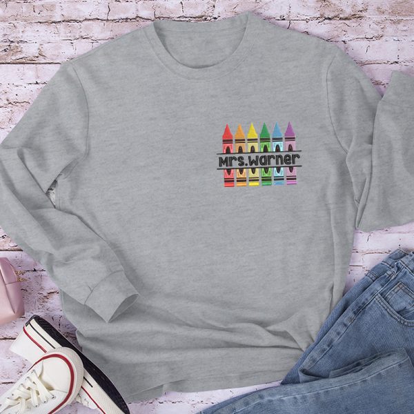 Personalized Colorful Caryons Teacher Embroidery Long Sleeve T-Shirt