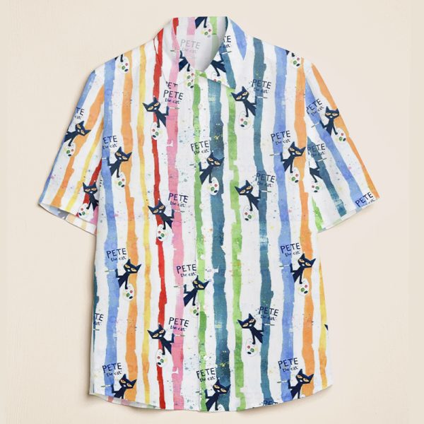 Color Striped And Black Cartoon Cat Teacher Short Sleeve Shirt