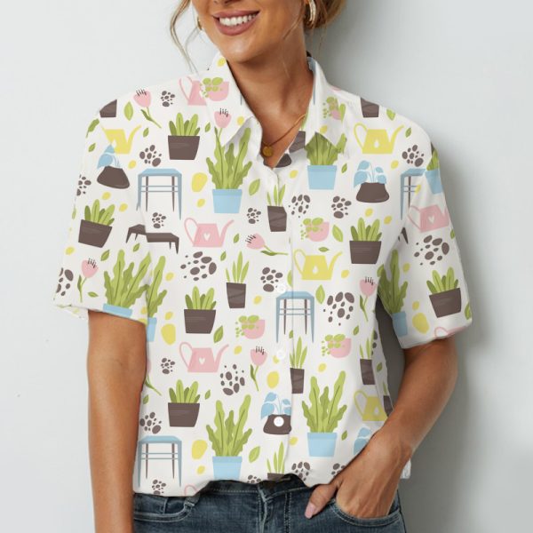 Spring Green Plants And Pink Watering Teacher Short Sleeve Shirt