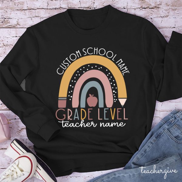 Personalized Name Rainbow Apple Teacher Long Sleeve T-Shirt