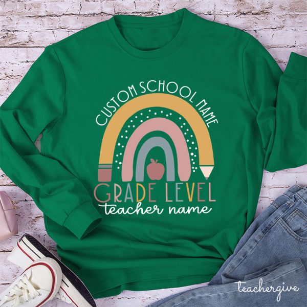 Personalized Name Rainbow Apple Teacher Long Sleeve T-Shirt