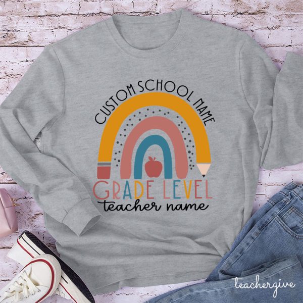 Personalized Name Rainbow Apple Teacher Long Sleeve T-Shirt