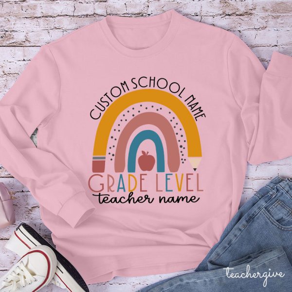 Personalized Name Rainbow Apple Teacher Long Sleeve T-Shirt