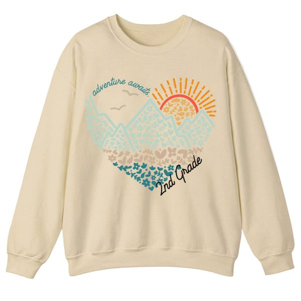 Personalized Grade Adventure Awaits Flower Mountain Sun Teacher Sweatshirt