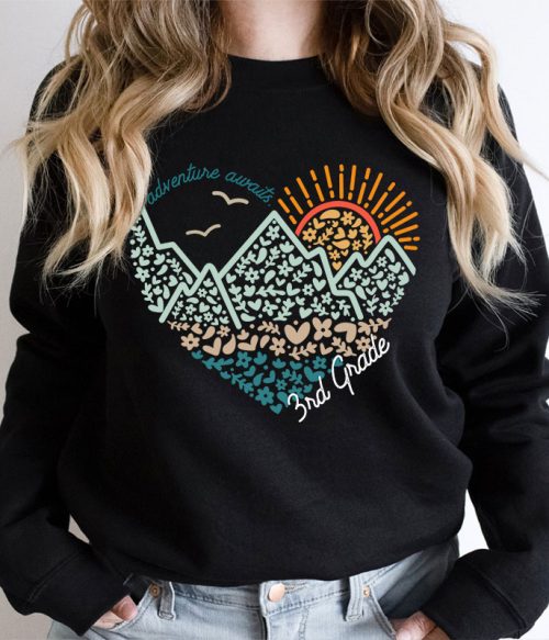 Personalized Grade Adventure Awaits Flower Mountain Sun Teacher Sweatshirt