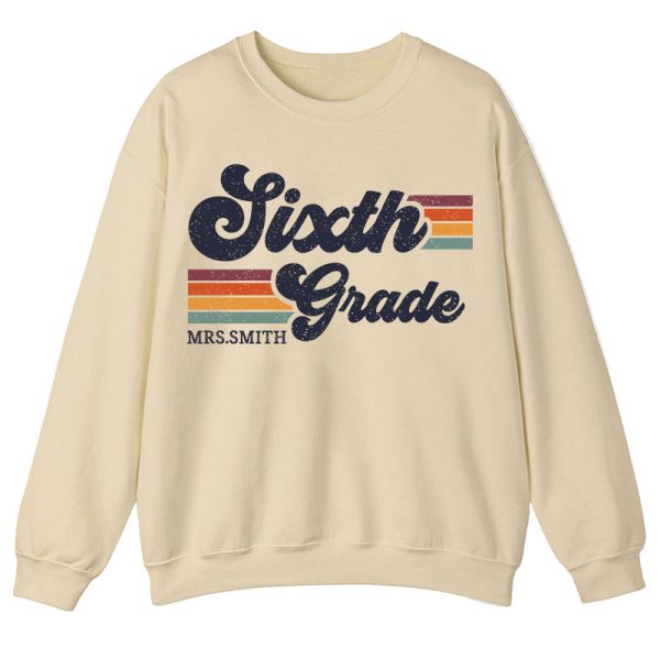 Personalized Grade And Name Retro Horizontal Stripes Teacher Sweatshirt