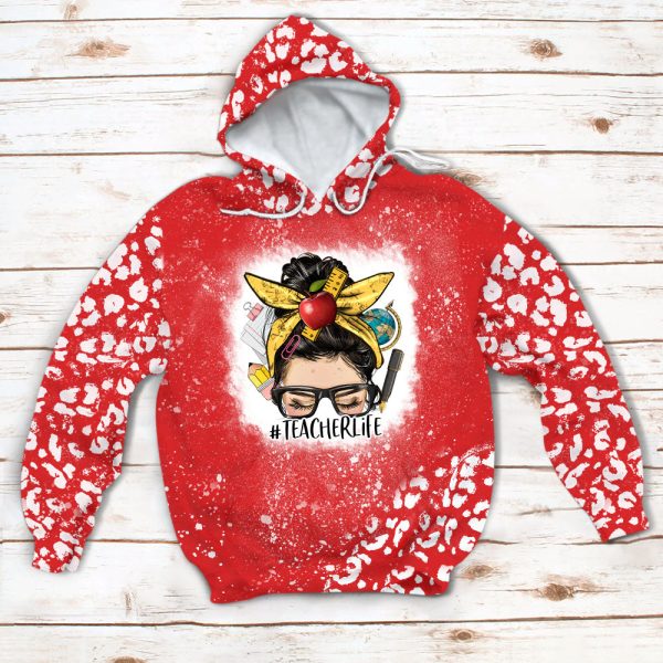 Personalized Messy Bun Teacher Printed Hooded Sweatshirt