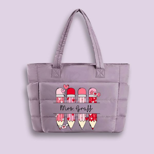 Personalized Pink Pencil Name Teacher Puffy Tote Bag