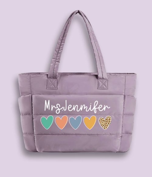 Personalized Colorful Love Teacher Puffy Tote Bag
