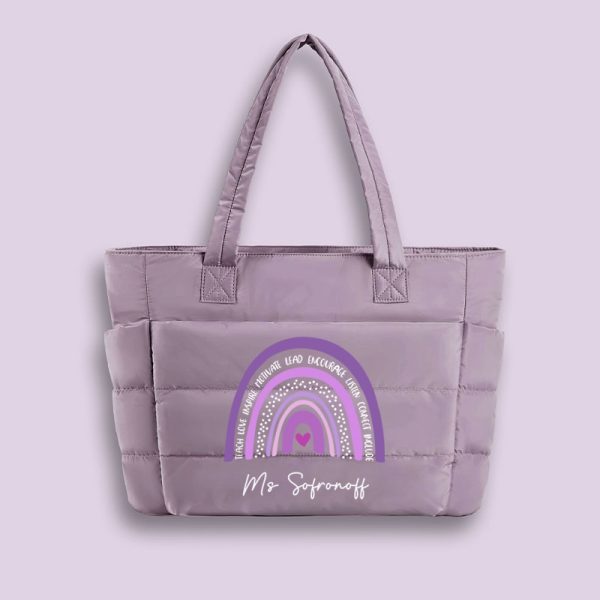 Personalized Purple Rainbow Teacher Puffy Tote Bag