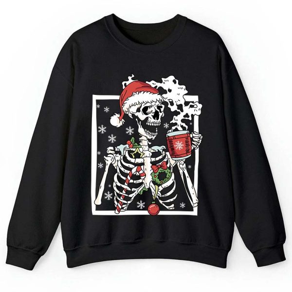 Skeleton With Smiling Skull Drinking Coffee Latte Teacher Sweatshirt