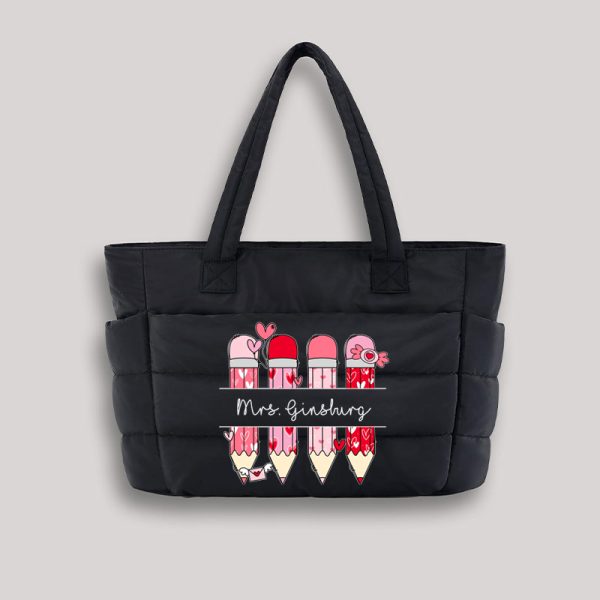 Personalized Pink Pencil Name Teacher Puffy Tote Bag